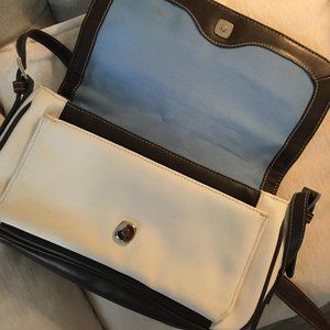 Liz Claiborne Cream and White, White Stich Messenger Purse Bag Baby Blue Inside